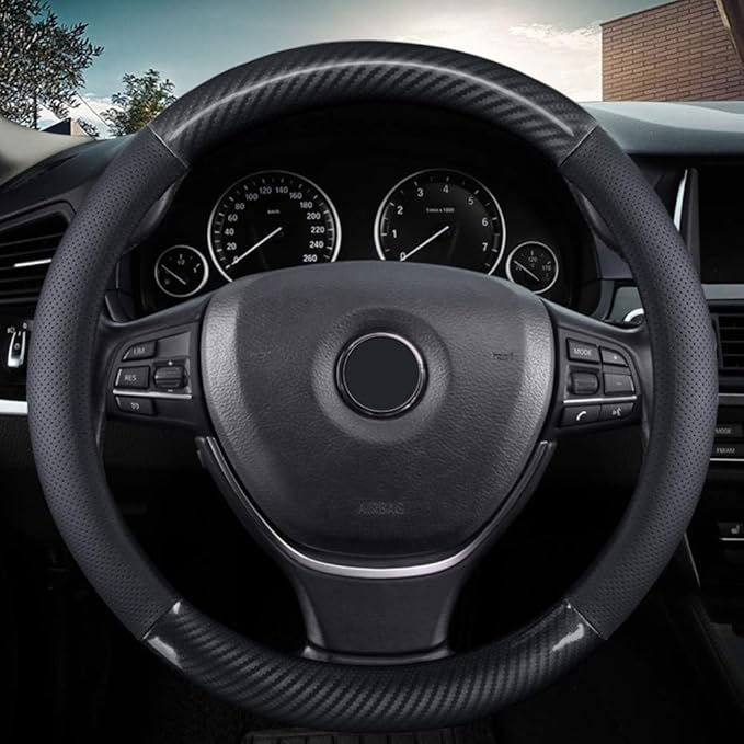 KAFEEK Classic Carbon Fiber Steering Wheel Cover, Universal 15 inch, Breathable Microfiber Leather Steering Wheel Protector f