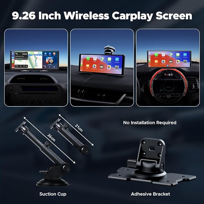 LAMTTO 9.26" Wireless Carplay and Android Auto with 2.5K Dash Cam, 1080P Backup Camera, Portable Touchscreen GPS Navigation f