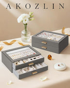 AKOZLIN Jewelry Box with Clear Lid Functional Leather Jewelry Storage Organizer Case 2 Drawers for Women Girls Necklace Ring 