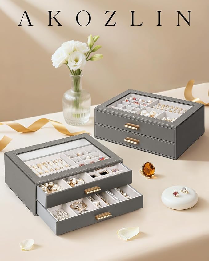 AKOZLIN Jewelry Box with Clear Lid Functional Leather Jewelry Storage Organizer Case 2 Drawers for Women Girls Necklace Ring 
