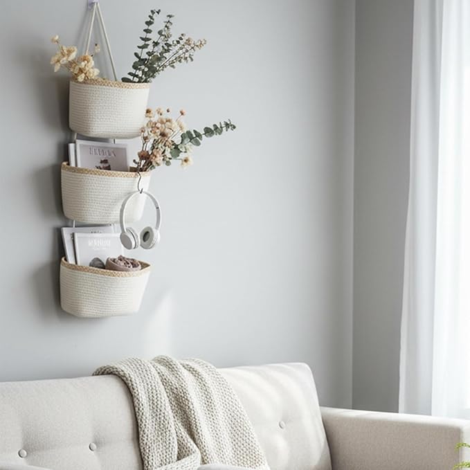 TeoKJ Over the Door Hanging Basket, 3-Tier Woven Cotton Wall-Mounted Storage Organizer Bag Decorative Hanging Nursery Baskets