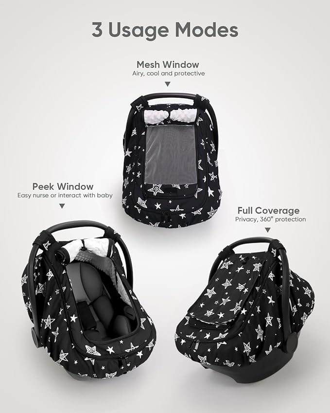 Car Seat Cover Baby Boy, Infant Car Seat Canopy Outdoor, 2 Layers with Mesh and Sun Shade Window for Summer Winter, Easy Acce