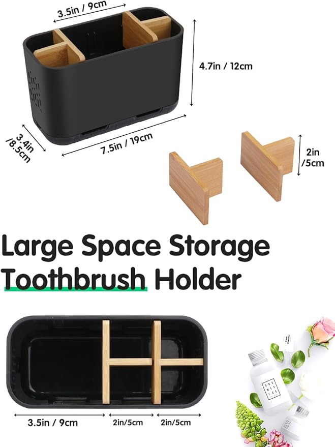 GFWARE Black Toothbrush Holder, Bamboo Toothbrush and Toothpaste Holder with Drainage, Electric Kids Matte Black Toothbrush H