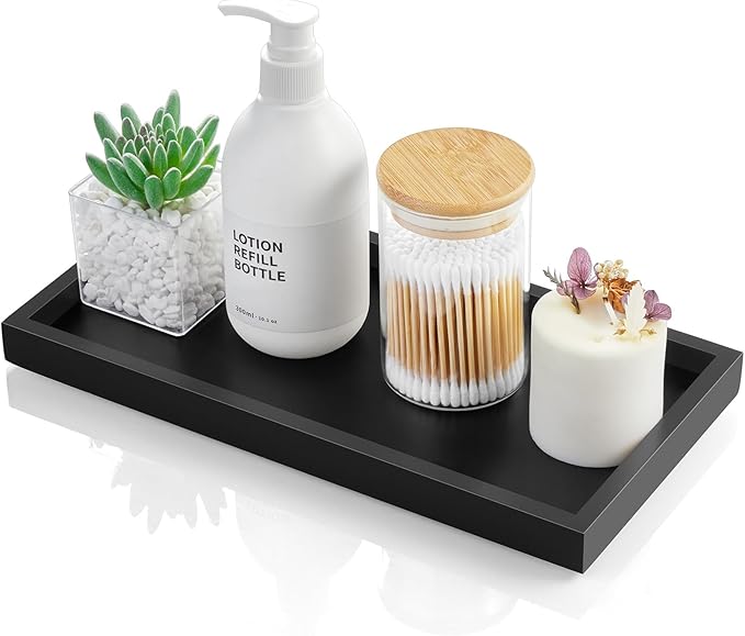 ALELION 11.7" Bathroom Vanity Tray for Counter - Black Wood Decorative Tray for Toilet Tank Makeup Perfume Jewelry Catchall C