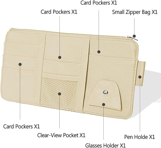 2 Pack Car Visor Organizer for Ford F150 2021-2025, Sun Visor Storage Pouch Premium PU Leather Interior Accessories Pocket Multi-Function Card Holder,Beige