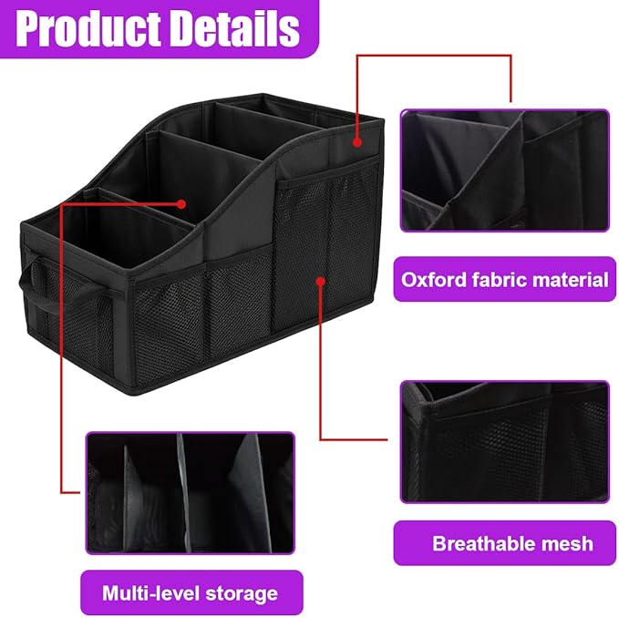 Car Seat Organizer, Collapsible Passenger Seat Organizer with 4 Compartments & 7 Mesh Pockets, Auto Front/back Seats Storage Box, Vehicle Travel Organize Accessory for Kids, Adults (Black)