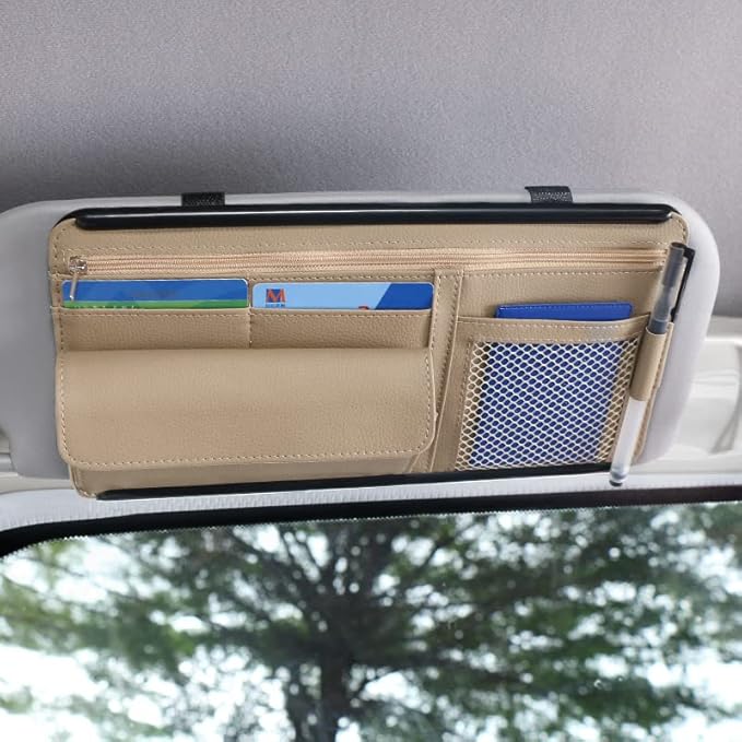 JEYODA Car Sun Visor Organizer Auto Car Visor Pocket and Interior Accessories Car Storage Organizer with Multi-Pocket Net Zippers (Style 2-Beige) 1942