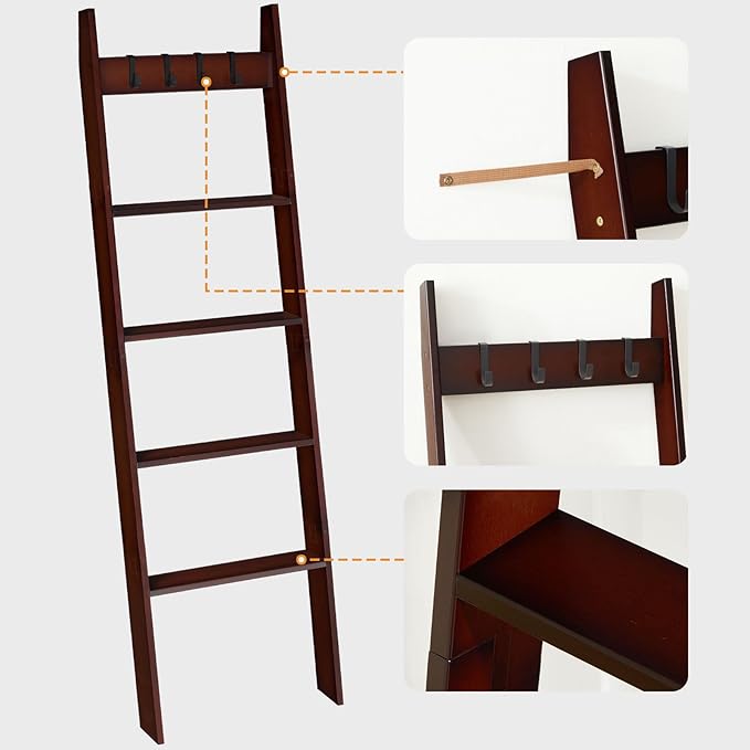 HOOBRO Blanket Ladder for Living Room and Bedroom, 5-Tier Wall Leaning Towel Rack for Bathroom, Decorative Ladder Shelf with 