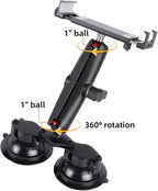 Aluminum Tablet Holder with Dual Suction Cup Base for Car/Boat Windshield, Tablet Stand Fits iPad Air 13" M2 (2024), iPad Pro 12.9" and other 4.7-15" Tablets, Mount on Window Bathroom Mirror