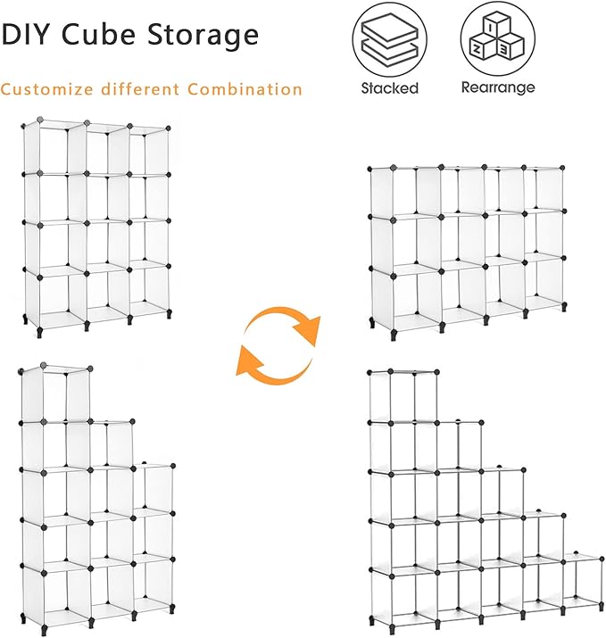 AWTATOS Cube Storage Organizer Storage 12 Cube Bookshelf DIY Plastic Closet Storage Shelves with Wooden Mallet, Ideal Storage