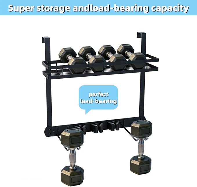 Broom Holder Door Mount,Door Mounted Broom and Mop Holder with Dual Tool Hooks, Three Slots, and One Tool Storage Basket For 