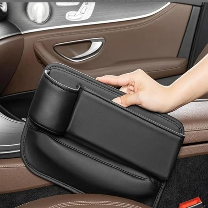 Car Seat Gap Filler Organizer with Cup Holders, Seat Gap Storage Box for Drinks, Phones, Keys, Sunglasses, Cards, and Small Essentials (Beige, Driver's + Passenger Seat)