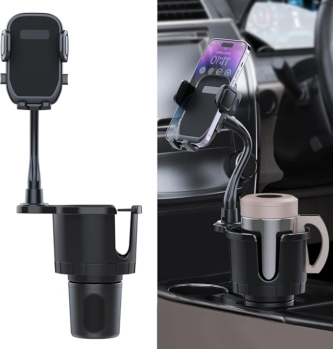 JINKEY Cup Holder Phone Mount, 360°Rotation Gooseneck Car Cup Holder Expander with Cell Phone Holder with Adjustable Base Pho
