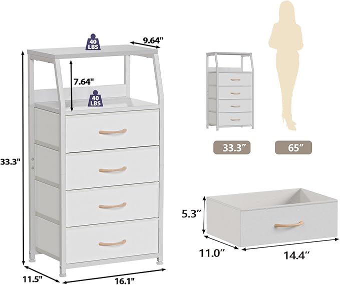 Furnulem Tall 4 Drawers Dresser, Vertical Storage Tower for Bedroom, Hallway, Entryway, Nursery, Closet Organizer, Nightstand