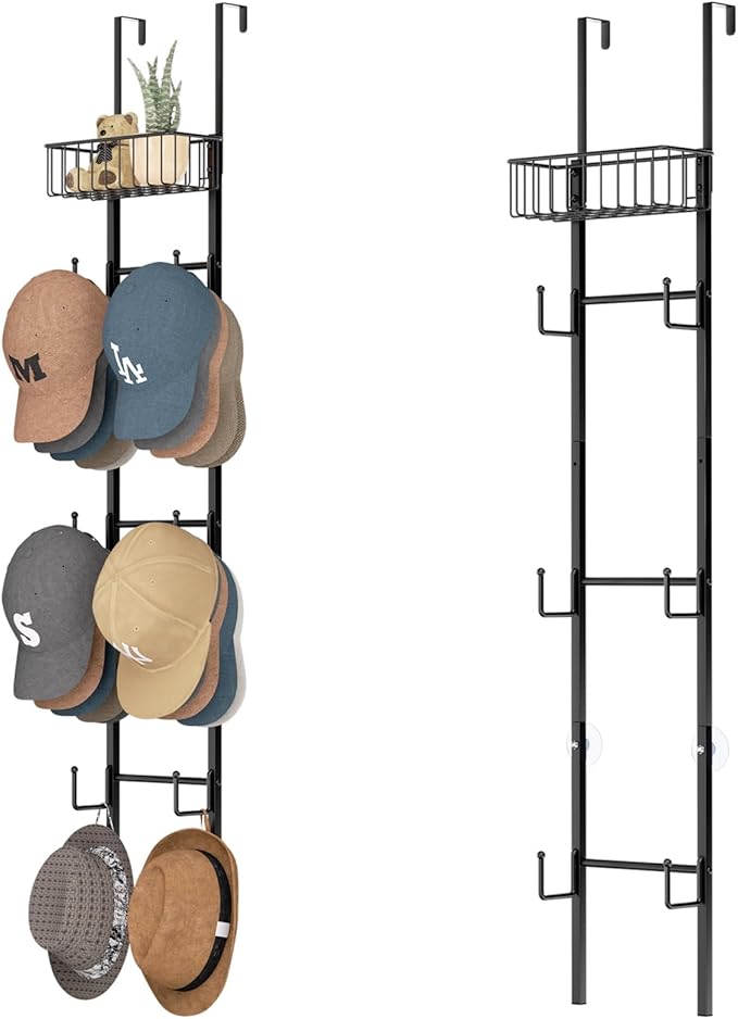 HapiRm Over Door Hat Rack - 2 Packs Wall Mounted Hat Holder with 6 Hooks and Metal Basket Design, Baseball Cap Organizer Stor