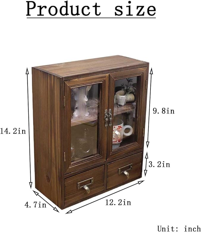 Rosetta Mini Countertop Country Vintage Locker, Wall-Mounted Wood Display with Organic Glass Door, Food Storage, 2 Bottom Dra