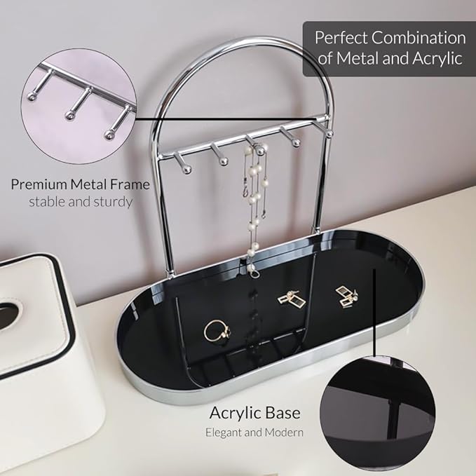 Shinpuru Metal Jewelry Organizer Stand & Key Holder Tray with Acrylic Base, Key Stand and Jewelry Tray with 5 Hooks, Perfect 