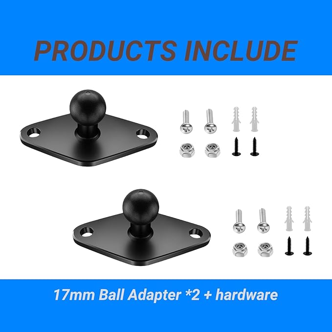 2PC Aluminum AMPS to 17mm Ball Adapter, Compatible with Garmin Nuvi/Dezl/Drive/Drivesmart/Zumo/RV and More, Drill Mount Ball Plate Base Meets Industry Standard AMPS Hole Pattern