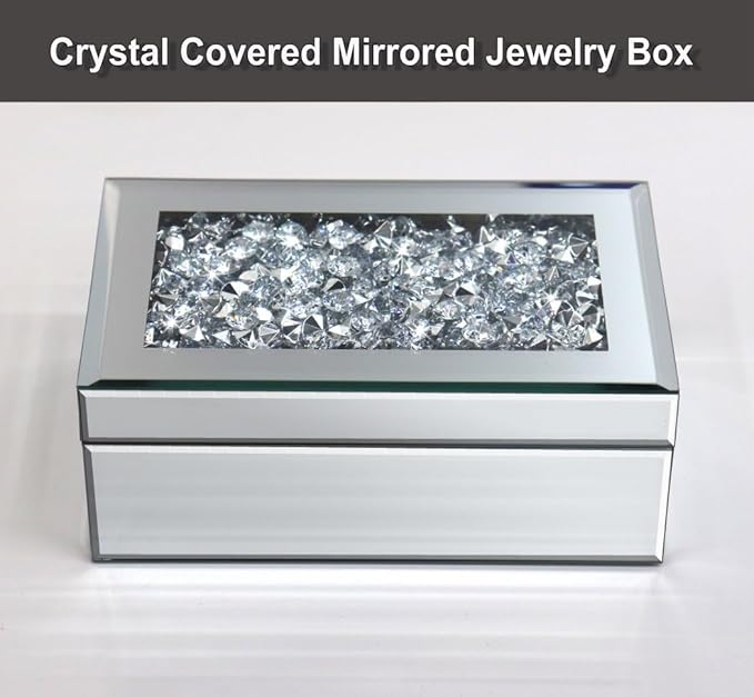 QMDECOR Luxury Silver Crushed Diamond Glass Mirrored Jewelry Organizer Box Storage