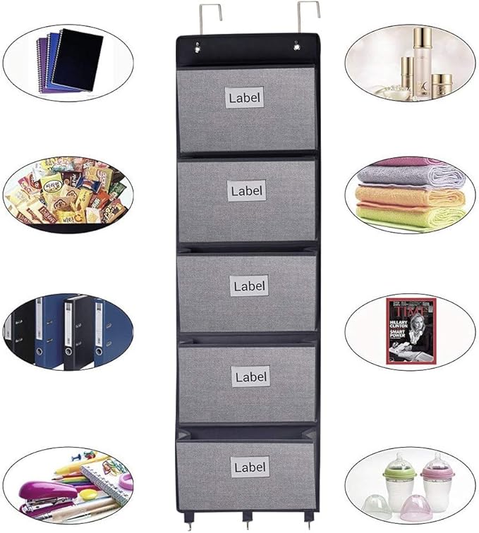 homyfort Over the Door File Organizer, Wall Hanging File Folders with 5 Large Pocket for Mails, Magazines, Back to School Sup