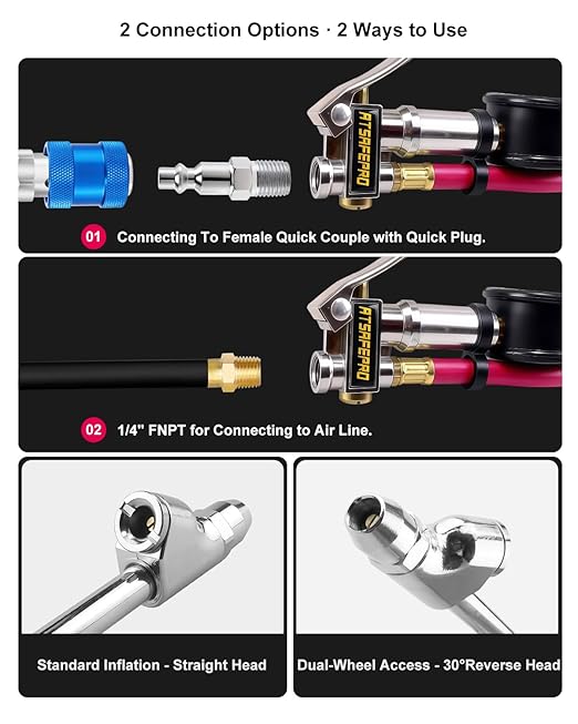 ATsafepro Tire Inflator with Gauge, 10-160 PSI, 12-Inch Extended Straight Air Chuck with Pressure Gauge for Dual Wheels, 1/4 NFT & Quick Plug, Tire Pressure Checker for Trucks, RVs, Trailers