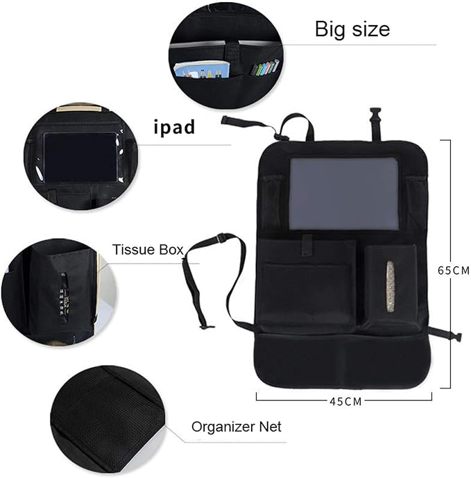 2 Pcs Large Size Car Backseat Organizer with 1 Pcs Trash Garbage Bag, Clear Screen Tablet Holder and 9 Storage Pockets,Foldable Seat Back Protectors for Toys Drinks Book ,Travel Accessories (Black)