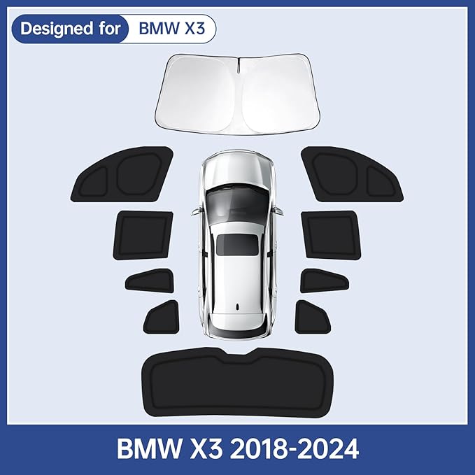 10PCS Car Window Shades for BMW X3 2018-2024, Window Covers for X3 Windshield Side Rear Windows, Full Set Privacy Protection Car Sunshade with UV Blocking for Camping Napping
