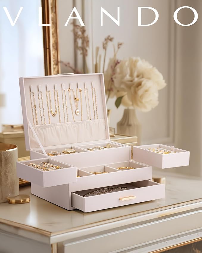 Vlando 3 Layer Jewelry Box - Women Jewelry Box with Retractable Tray - Jewelry Organizers with Drawer for Necklaces, Rings, B