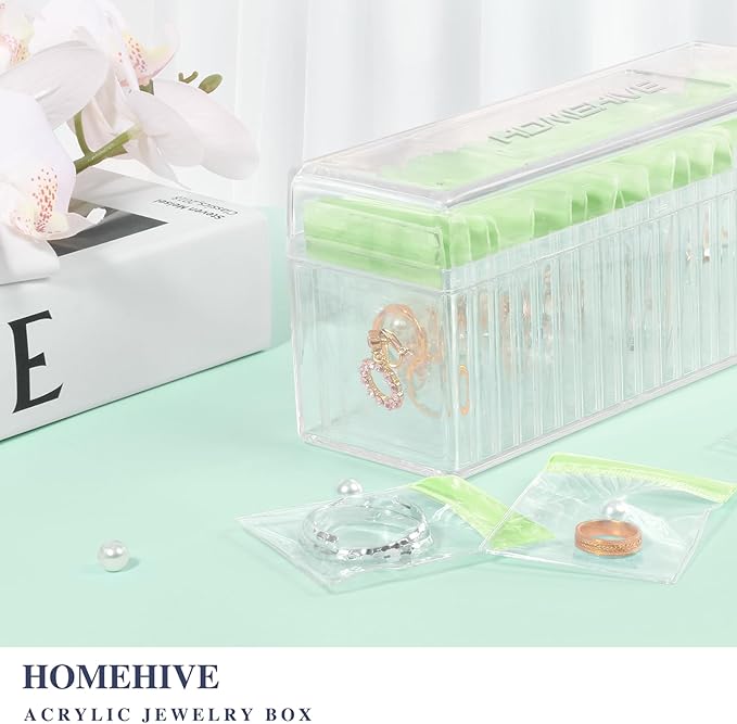 HOMEHIVE Acrylic Jewelry Box Organizer, Clear Jewelry Organizer Holder with 20 Portable Anti Tarnish Jewelry bags, Travel Jew