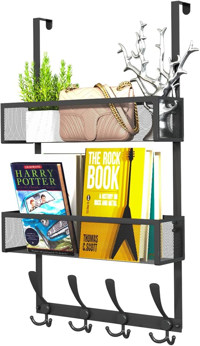 Kaiferty Over The Door Hooks Organizer,Coat Rack with 12 Hooks and 2 Mesh Baskets,Back of Door Storage Organizer for Bathroom