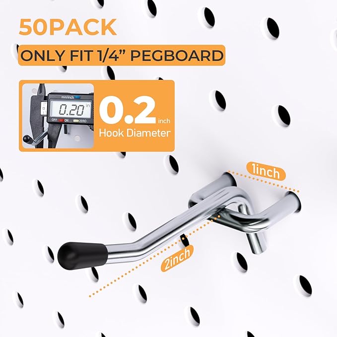 INCLY 50 Pack 2 Inch Pegboard Hooks, 1/4" Heavy Duty Peg Board Hooks Accessories with Rubber Tipped, Peg Board Tool Hangers F