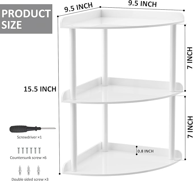 Sezanrpt 3 Tier Acrylic Corner Shelf Organizer Storage 9.5x9.5x15.7 Inch, White Countertop Corner Shelf for Bathroom, Kitchen