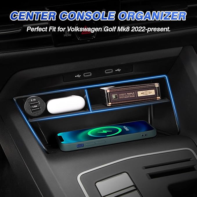 Karltys Center Console Organizer, Storage Box with Non-Slip Silicone Mat, Center Console Tray Insert Secondary for VW Volkswagen Golf GTI R MK8 2022-2025 2026 Accessories