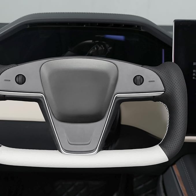MEWANT Hand Stitched White Leather Steering Wheel Cover Wrap for Tesla Model S 2021-2023 / Model X 2021-2023 Steering Wheel Accessories