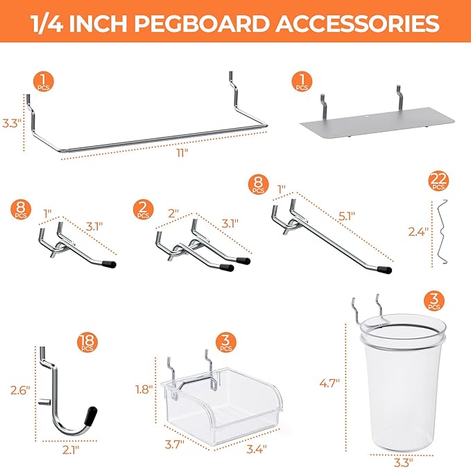 INCLY 70PCS Metal Peg Board Kit with 1/4" Pegboard Accessories, 4 Pack White Pegboard Panels, Bins, Cups and Peg Board Hooks,