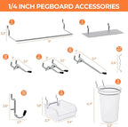 INCLY 70PCS Metal Peg Board Kit with 1/4" Pegboard Accessories, 4 Pack White Pegboard Panels, Bins, Cups and Peg Board Hooks,