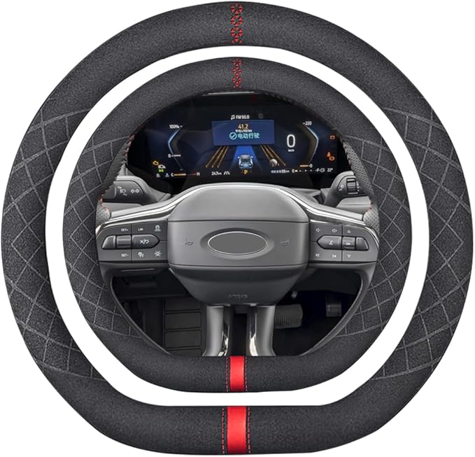 Suede D Shape Steering Wheel Cover,Compatible with Ford Edge Escape Fusion Explorer Focus Flat Bottom Suede Leather Sport Non-Slip Wheel Interior Accessories 15 inch for Man and Women