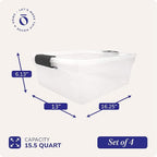 HOMZ 4-Pack 15.5 Quart Latching Lid, Clear Plastic Storage Organizer Bins, Gray – Stackable Containers for Home & Office Shel
