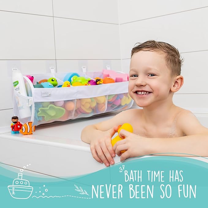 Comfylife Large Bath Toy Organizer – 3 Compartment Bath Toy Holder for Bathtub & Shower – Quick-Dry Mesh with 4 Strong Adhesi
