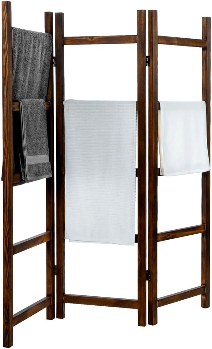 Blanket Ladder,Burnt Wood Blanket Ladder 59" H Freestanding and Folding, 6 Tier and 3 Panel Towel Rack for Bathroom, Decorati