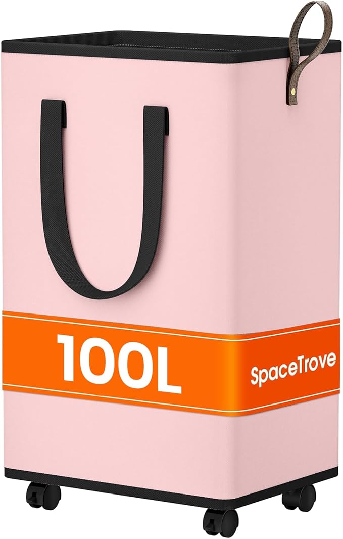 SpaceTrove Laundry Basket with Wheels, Collapsible Laundry Baskets, Laundry Hamper with Handles Detachable Wheels, Rolling La