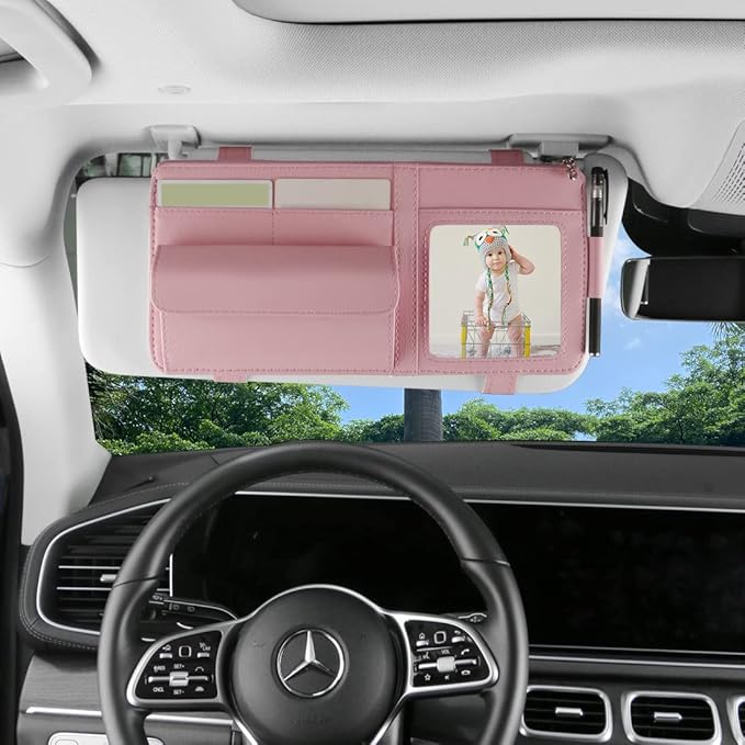 Visor Document Holder for Truck, Car Sun Visor Organizer, Visor Storage Pouch Holder with Sunglasses Clip, Picture Frame, Essential Visor Accessories for Driver Auto Owners Pink