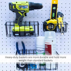 Heavy Duty Peg Board Hook Baskets for ¼ Pegboard Holes, Set of 3 Black Wire Baskets, Extra Thick Metal Fit Snugly in Pegboard