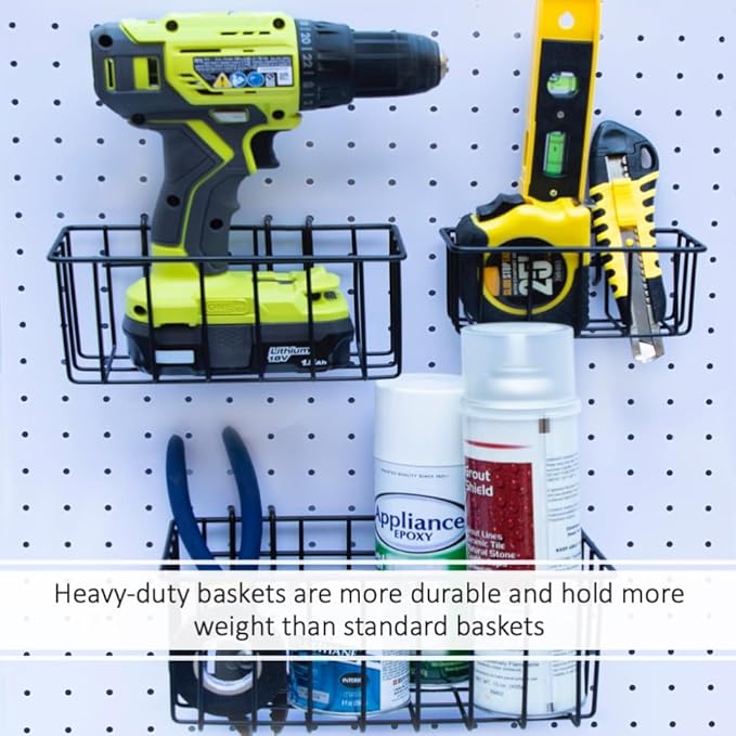 Heavy Duty Peg Board Hook Baskets for ¼ Pegboard Holes, Set of 3 Black Wire Baskets, Extra Thick Metal Fit Snugly in Pegboard