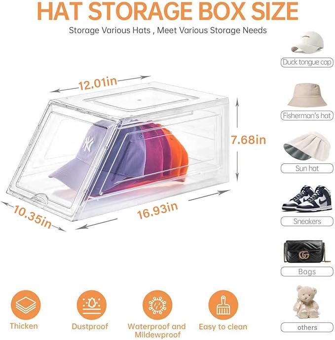 4 Pack Hat Organizer for Baseball Caps,Large Clear Cap Organizer with Drawer,Hats Holder Box for Closet with Sliding Tray,Sta