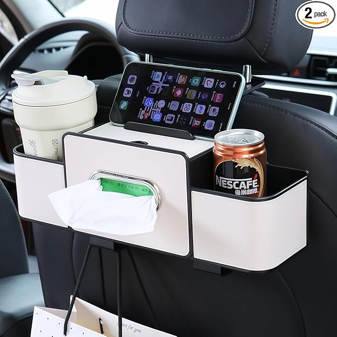 Back Seat Car Organizer, 4-in-1 Multifunctional Storage Box with Cup Holder & Tissue Holder, Premium Leather Adjustable Seat Back Organizer for Phone, Snacks, Purse for SUV Minivan Travel (Beige)