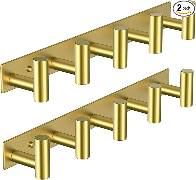VAEHOLD Hat and Coat Wall Mount Rack - Hooks for Robes, Bags, Keys, and Towels - Bathroom Towel Hanger Organizer (Gold, “T“ S