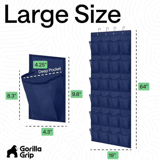 GORILLA GRIP Over the Door Shoe Organizer, 24 Large Breathable Mesh Pockets, Space Saving Hanging Storage Holder, Closet Rack
