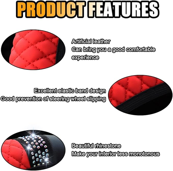 Bling Soft Leather Steering Wheel Cover, 15 Inch Colorful Rhinestones Auto Elastic Protector with Crystal Diamond for Women G