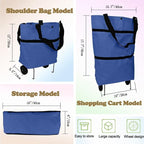 Collapsible Shopping Grocery Bag with Wheels Rolling Tote Bag with Wheels Large Reusable Shopping Bags Foldable Cart(Blue,Large)